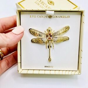Eye Candy Gold Dragonfly Brooch with Light Pink Center Stone